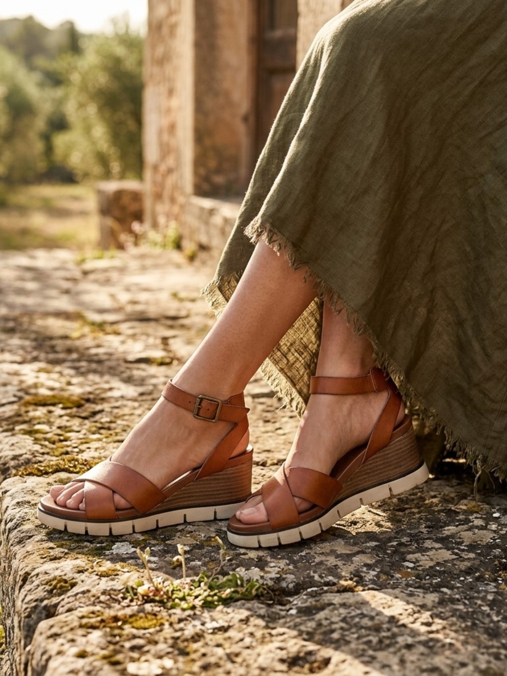 MIA Womenβs Brown Strappy Wedge Sandals Ankle Strap Buckle Back Zip 7.5
